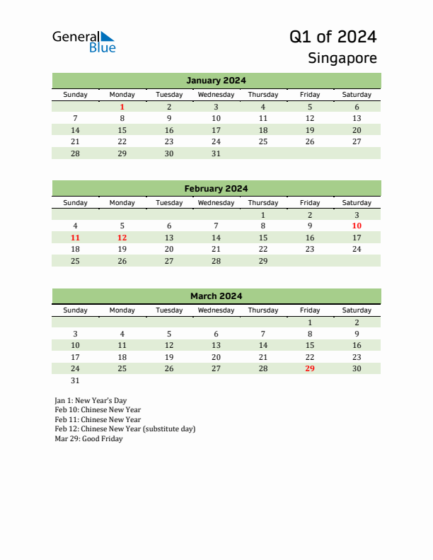 Quarterly Calendar 2024 with Singapore Holidays