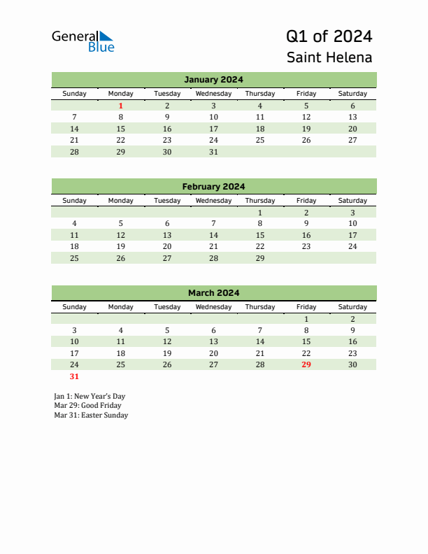 Quarterly Calendar 2024 with Saint Helena Holidays