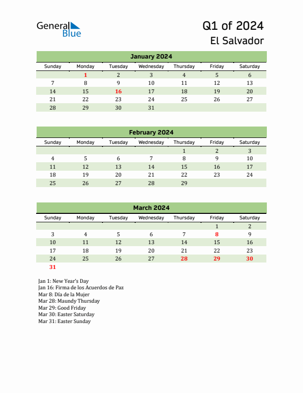 Quarterly Calendar 2024 with El Salvador Holidays