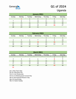 Uganda Quarter 1  2024 calendar template