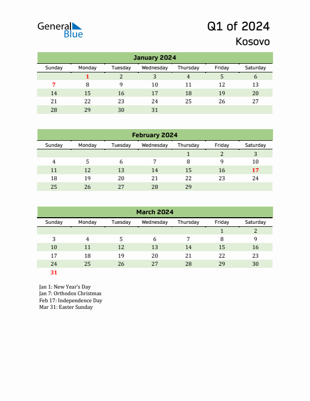Quarterly Calendar 2024 with Kosovo Holidays