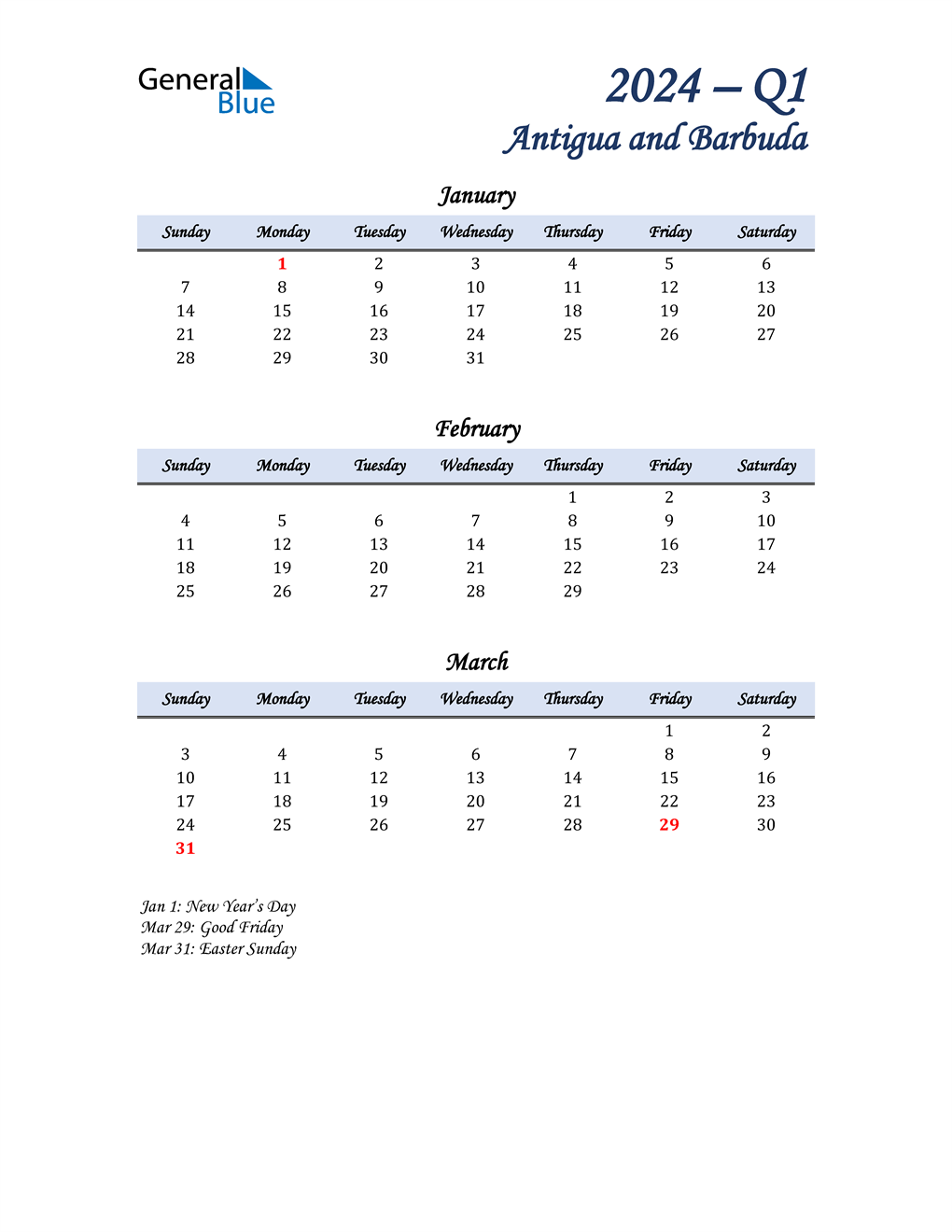 January, February, and March Calendar for Antigua and Barbuda