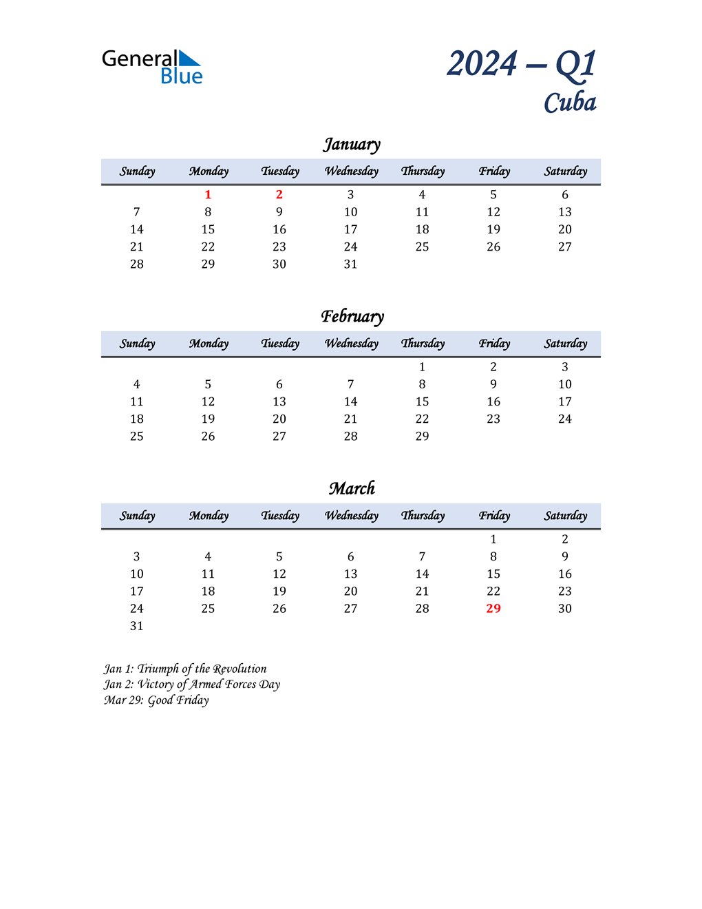  January, February, and March Calendar for Cuba