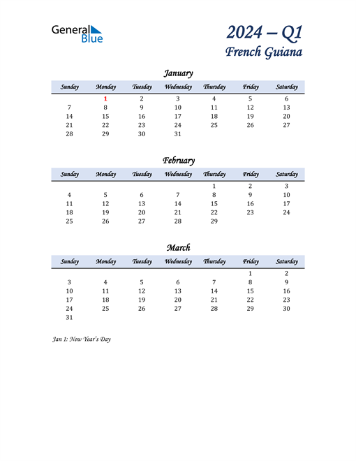  January, February, and March Calendar for French Guiana