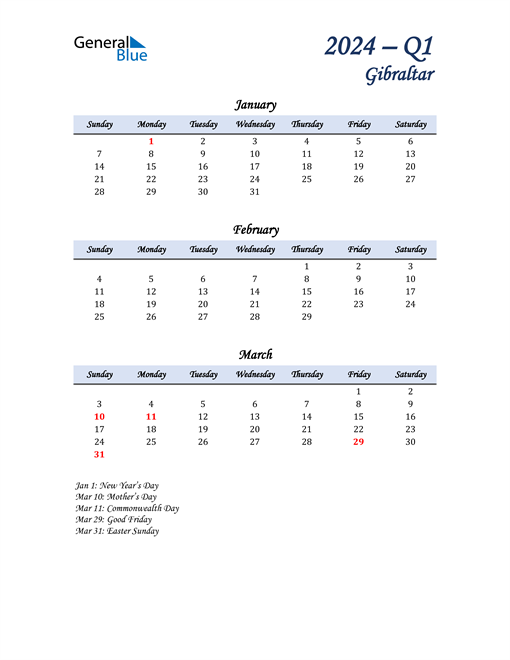  January, February, and March Calendar for Gibraltar