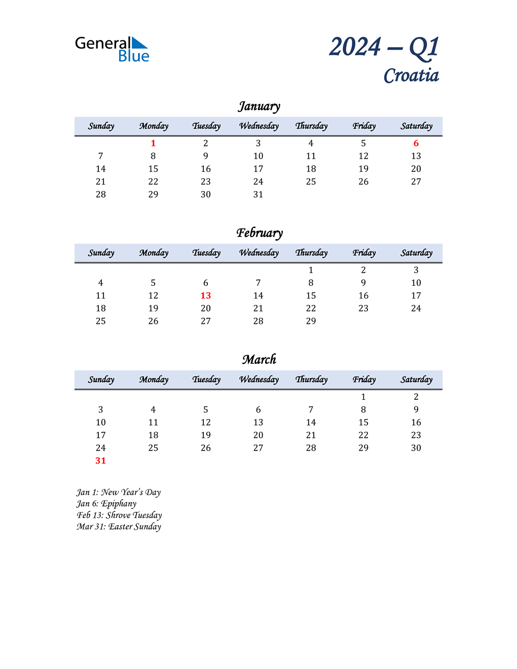  January, February, and March Calendar for Croatia