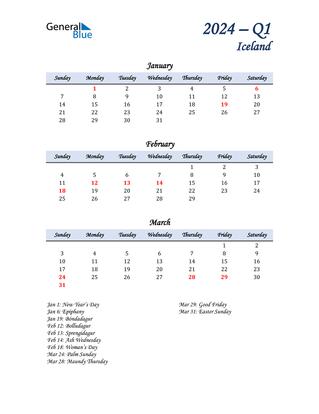  January, February, and March Calendar for Iceland