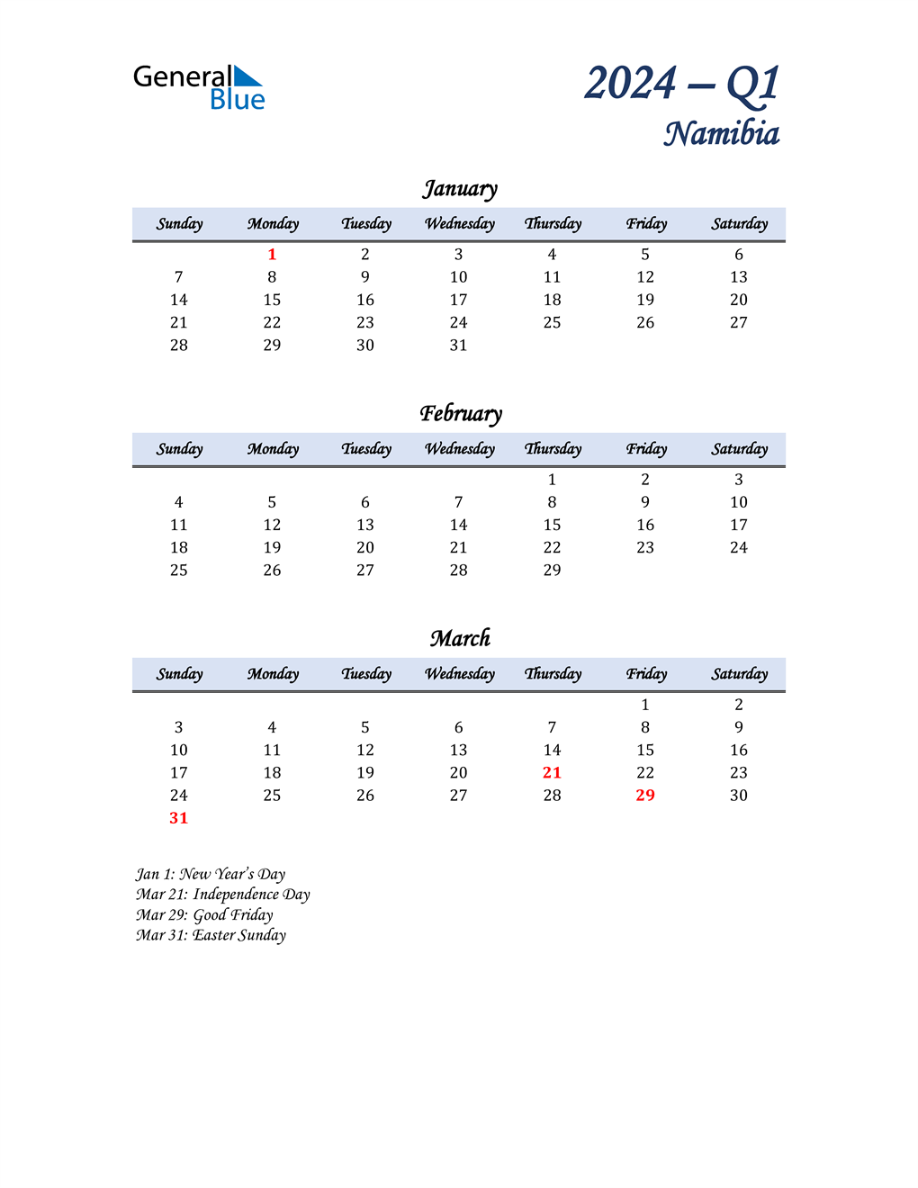  January, February, and March Calendar for Namibia