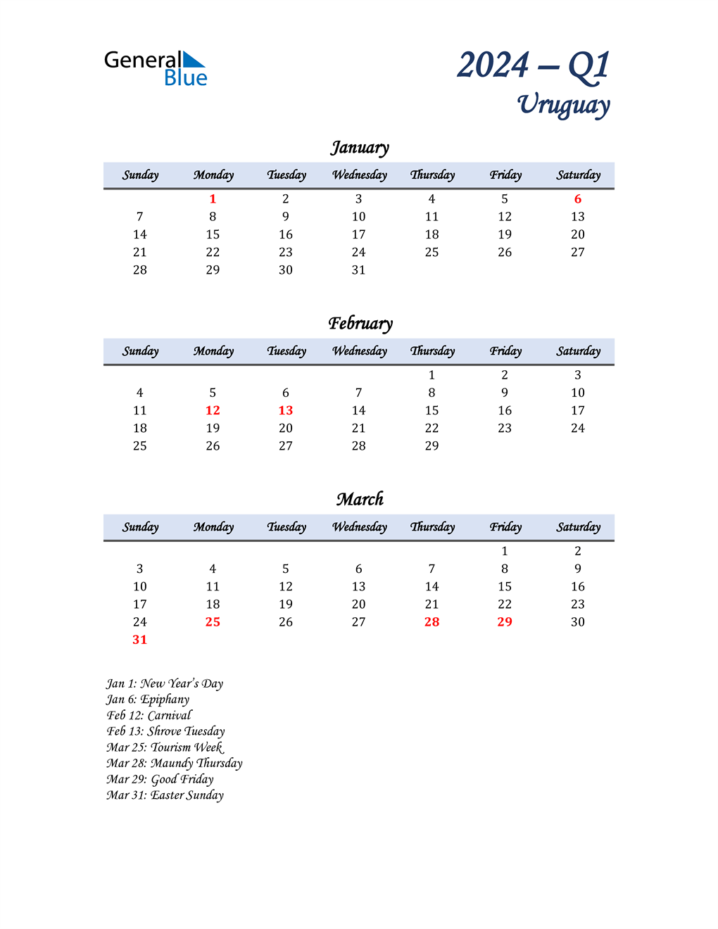  January, February, and March Calendar for Uruguay