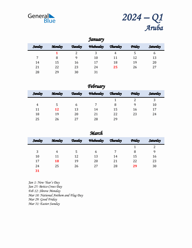 January, February, and March Calendar for Aruba with Sunday Start