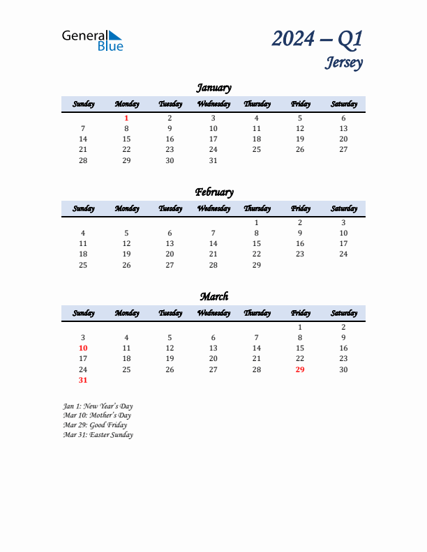 Q1 2024 Quarterly Calendar with Jersey Holidays (PDF, Excel, Word)