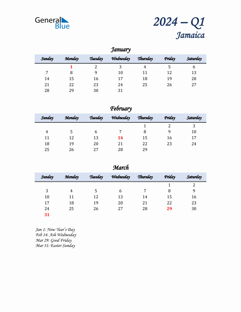 January, February, and March Calendar for Jamaica with Sunday Start