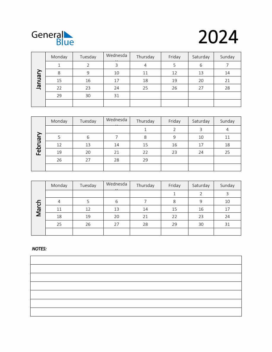 Q1 2024 Calendar Template with Notes in PDF, Word, and Excel