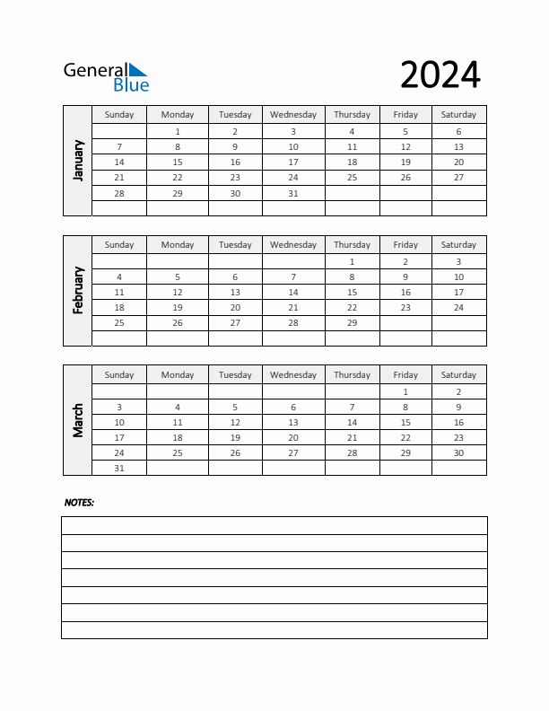 Q1 2024 Calendar with Notes