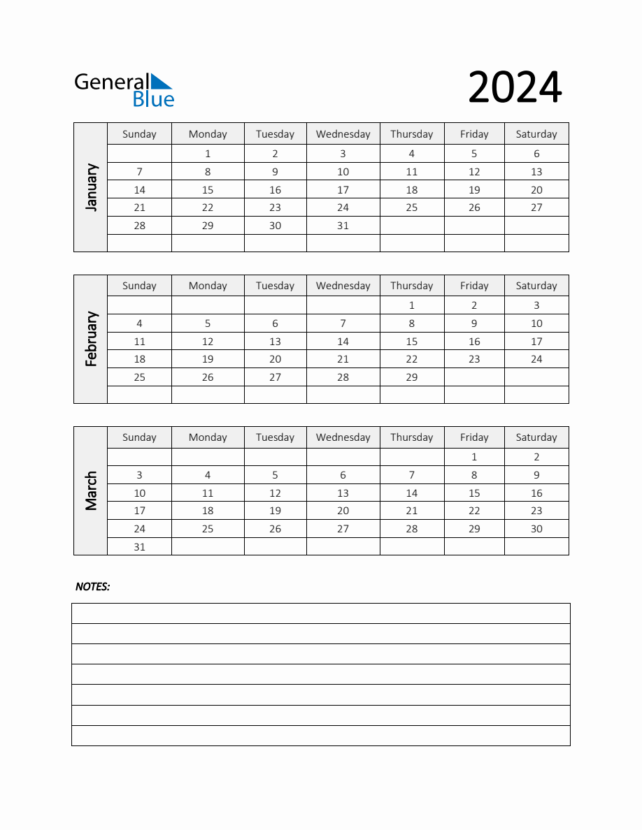 Q1 2024 Calendar Template with Notes in PDF, Word, and Excel