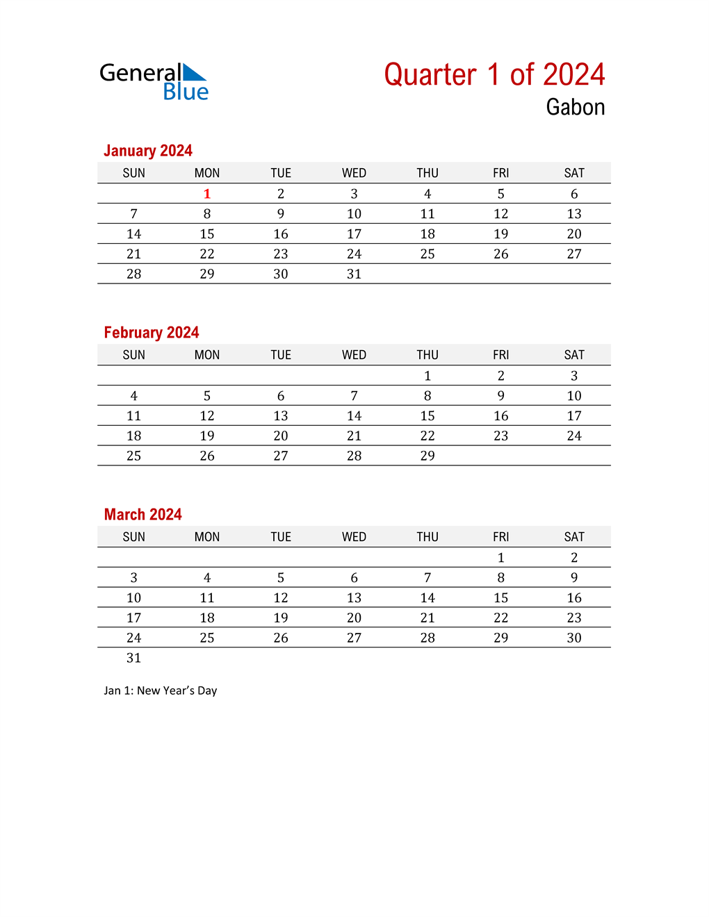  Printable Three Month Calendar for Gabon