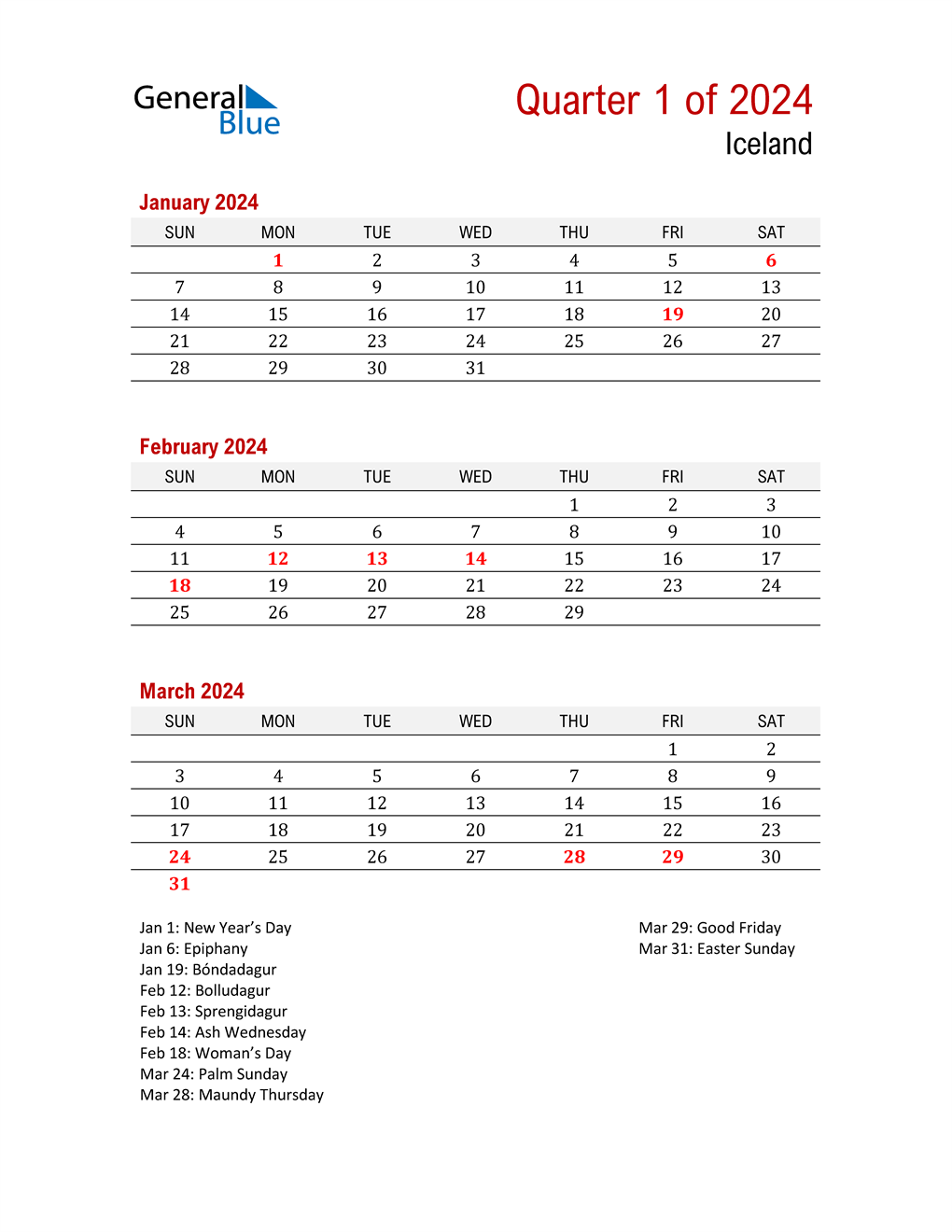  Printable Three Month Calendar for Iceland