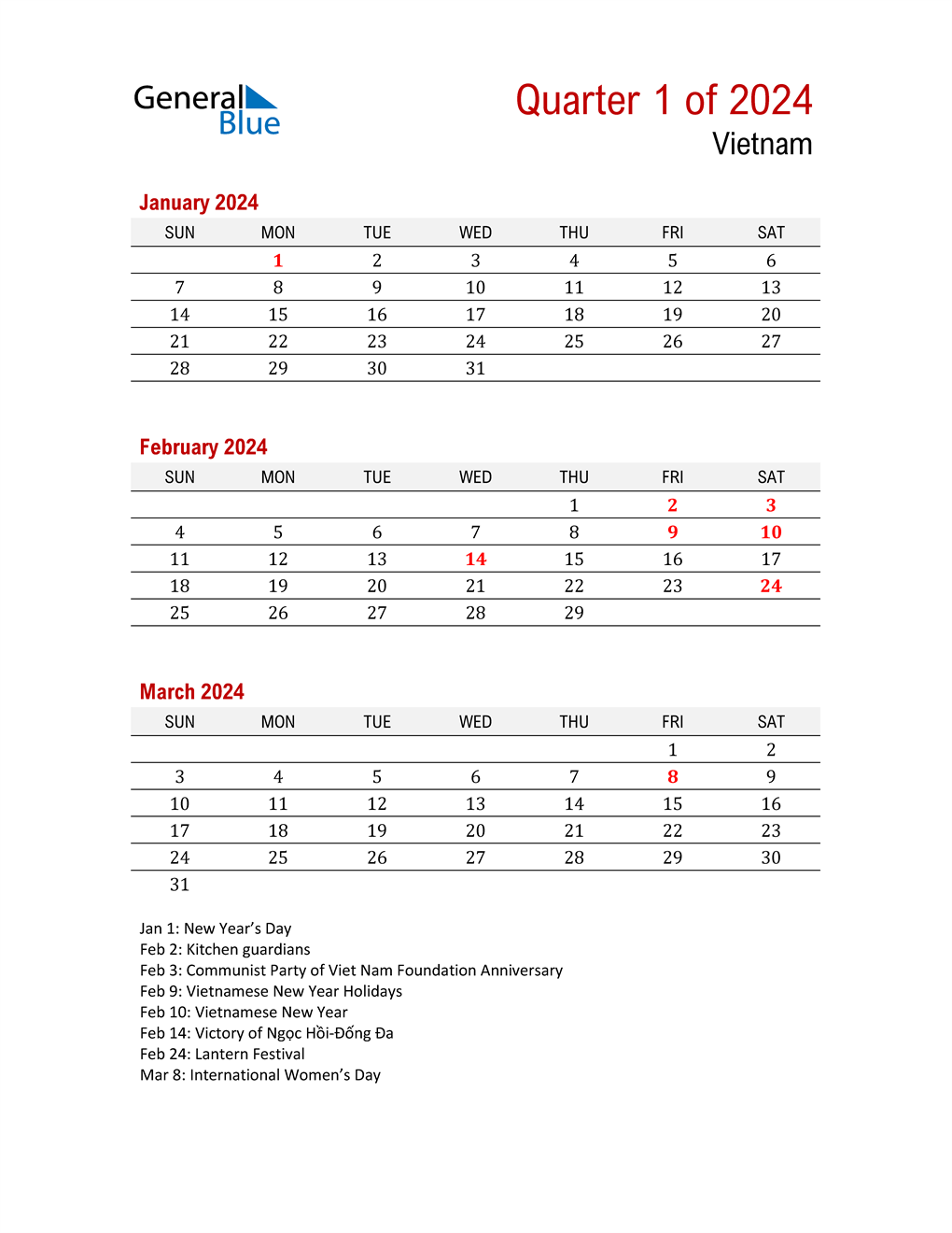 Q1 2024 Quarterly Calendar with Vietnam Holidays