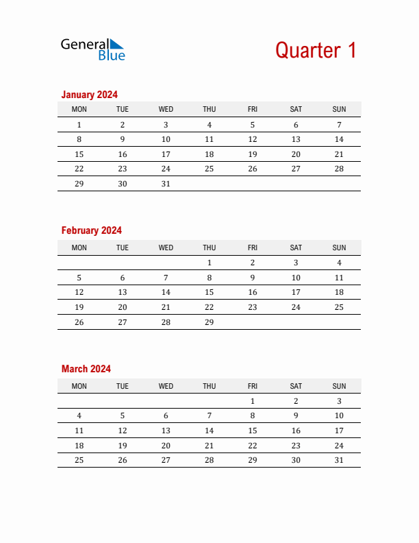 Three-Month Printable Calendar 2024