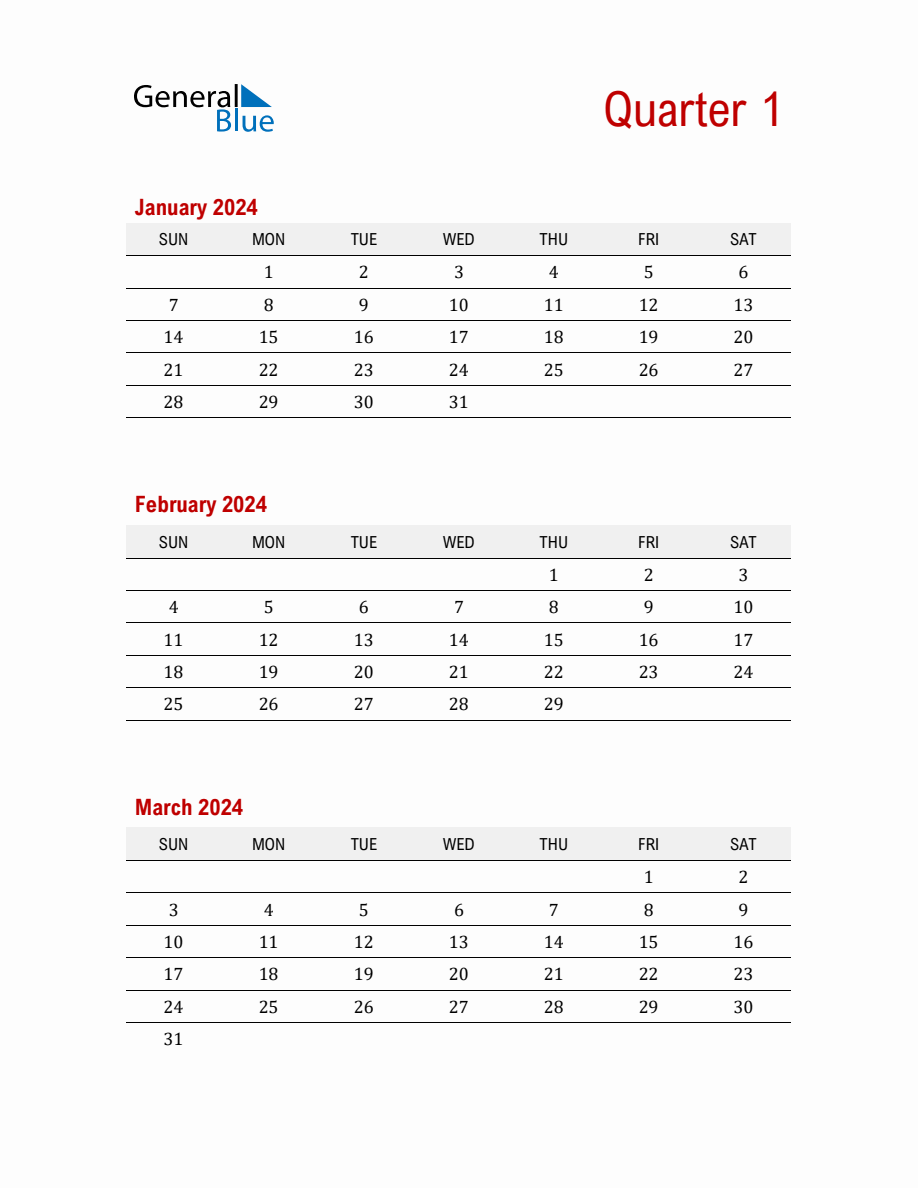 Quarter 1 2024 Calendar Printable (PDF, Word, Excel)