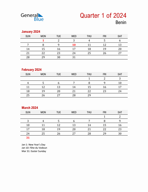 Printable Three Month Calendar with Benin Holidays