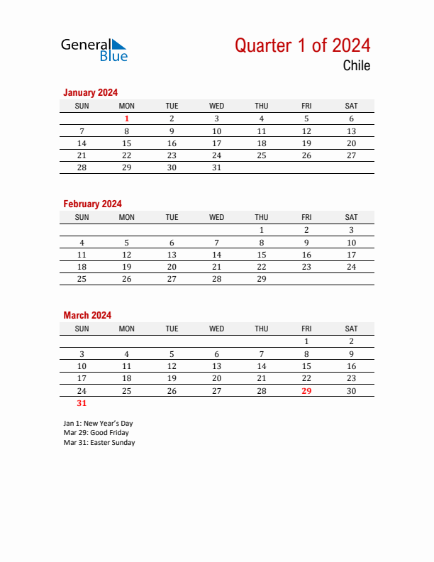 Printable Three Month Calendar with Chile Holidays