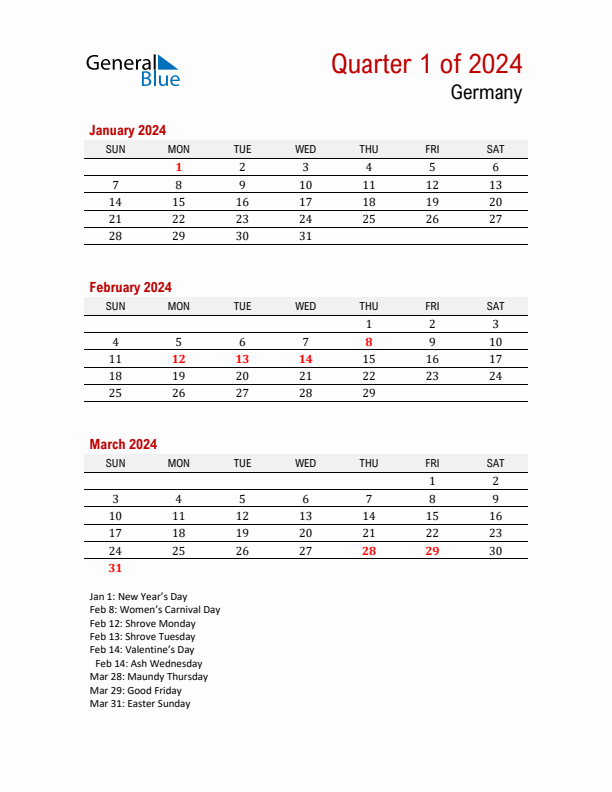 Printable Three Month Calendar with Germany Holidays