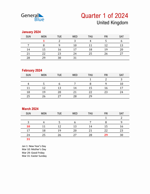 Q1 2024 Quarterly Calendar with United Kingdom Holidays (PDF, Excel, Word)