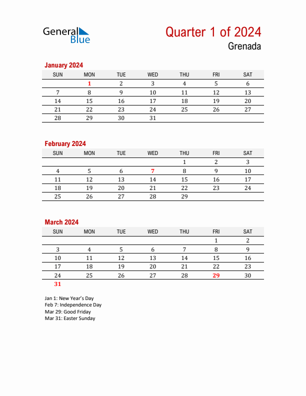 Printable Three Month Calendar with Grenada Holidays