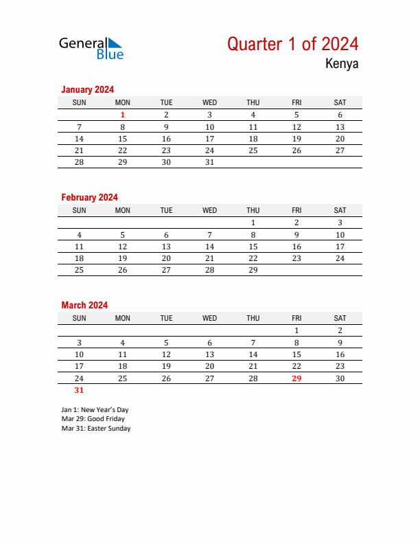 Q1 2024 Quarterly Calendar with Kenya Holidays (PDF, Excel, Word)
