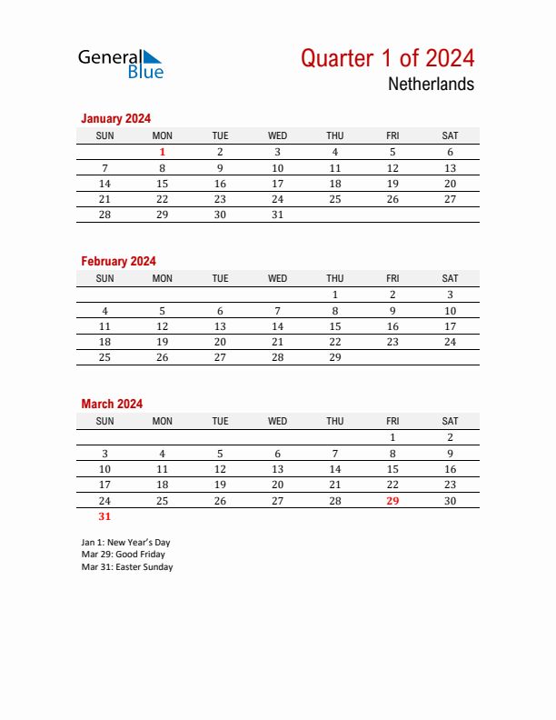 Printable Three Month Calendar with Netherlands Holidays
