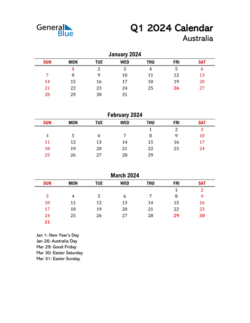 Q1 2024 Quarterly Calendar for Australia