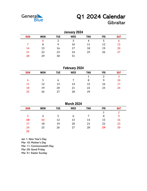  2024 Q1 Calendar with Holidays List