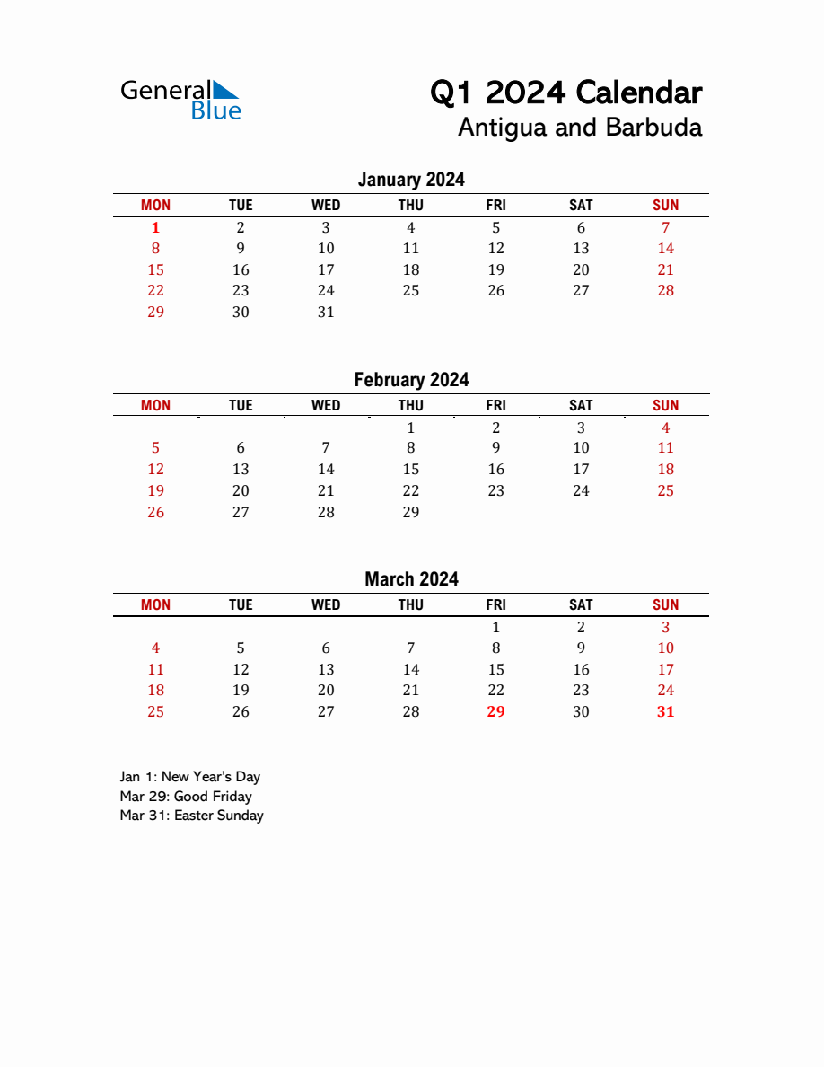 2024 Q1 Calendar with Holidays List for Antigua and Barbuda