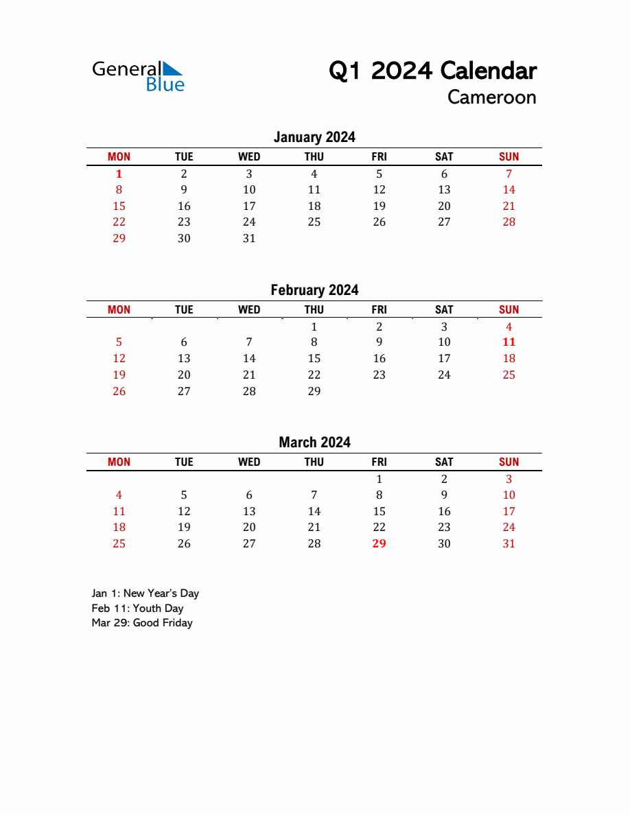 2024 Q1 Calendar with Holidays List for Cameroon