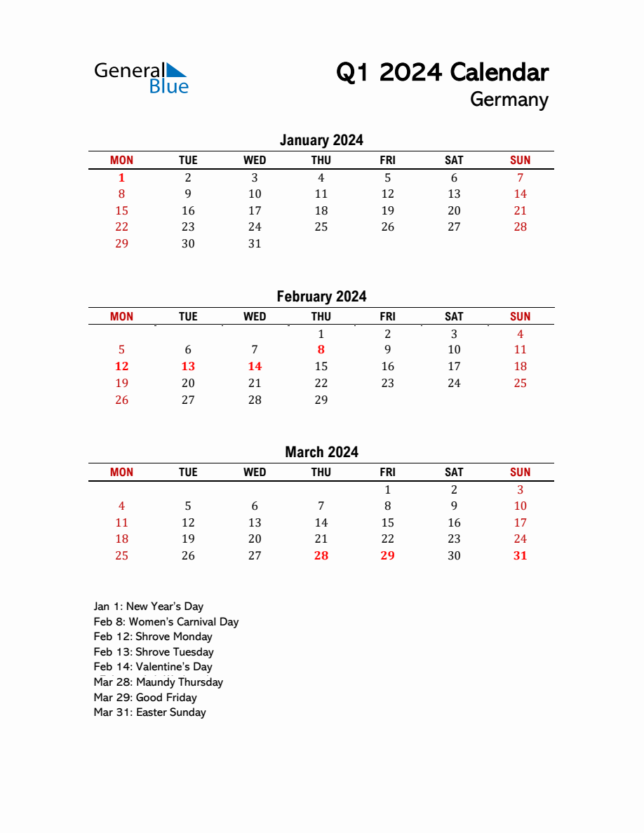 2024 Q1 Calendar with Holidays List for Germany