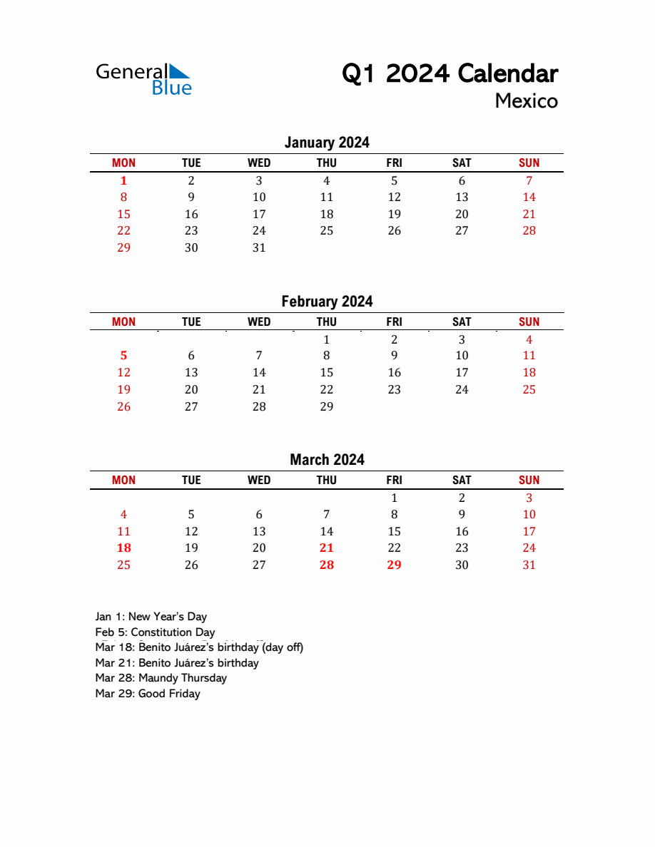 2024 Q1 Calendar with Holidays List for Mexico