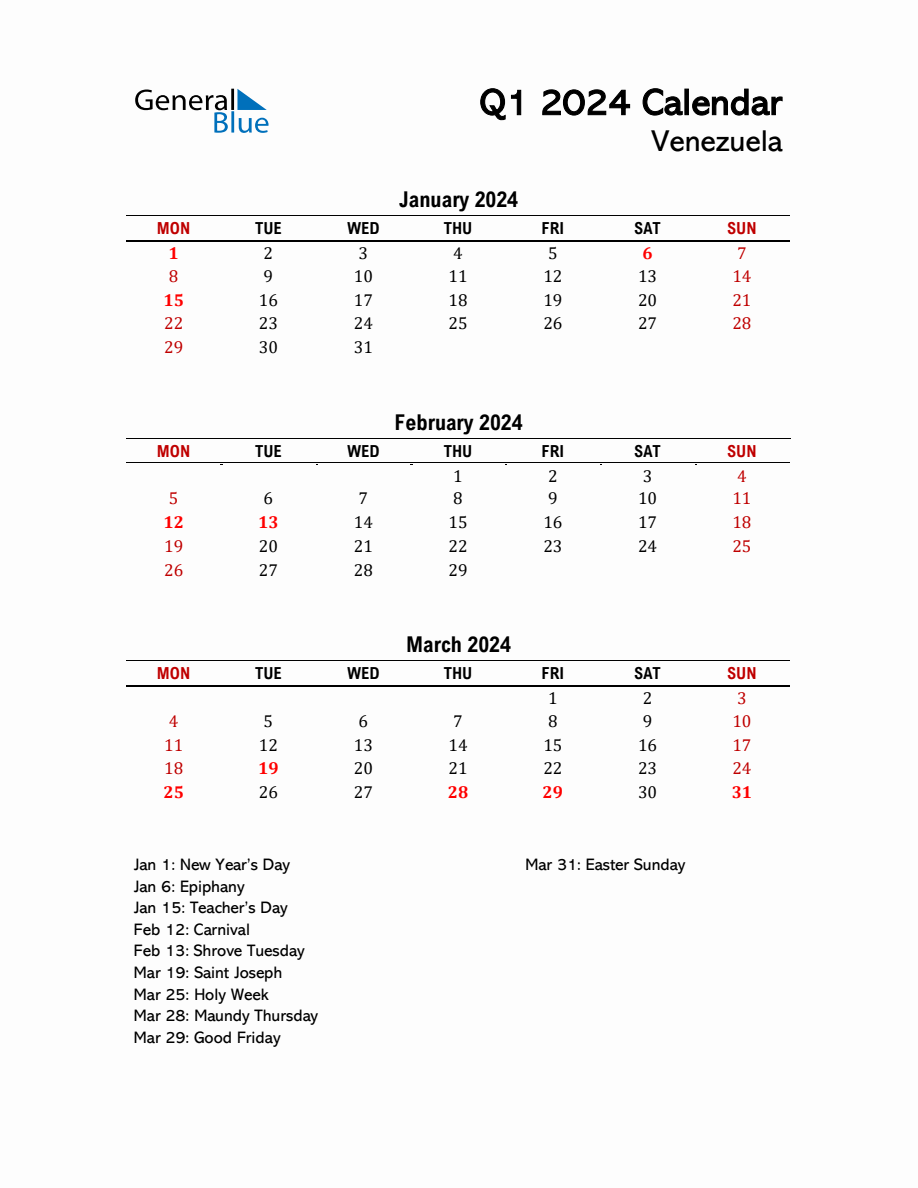 2024 Q1 Calendar with Holidays List for Venezuela