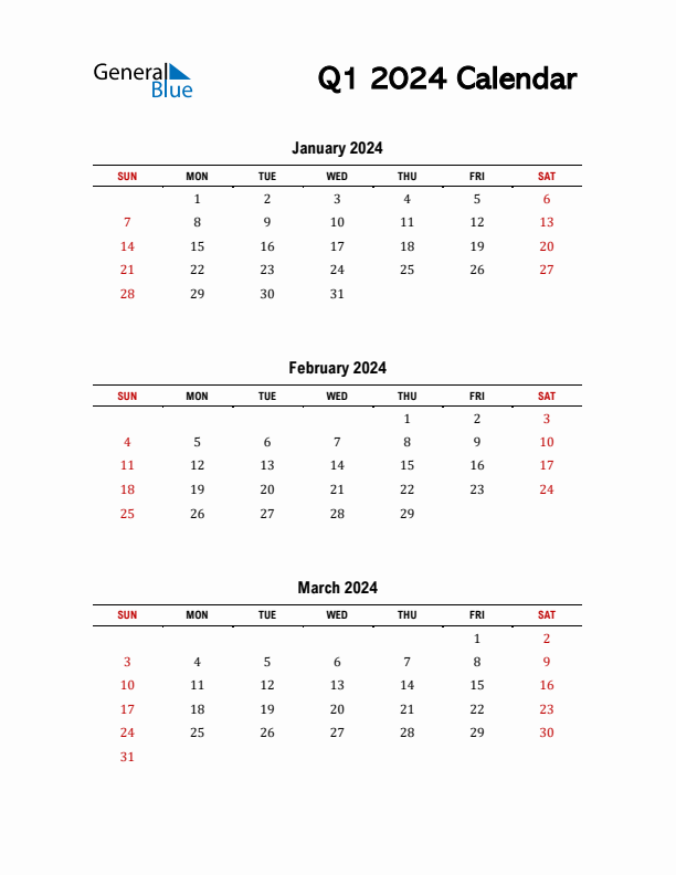 2024 Q1 Calendar with Red Weekend