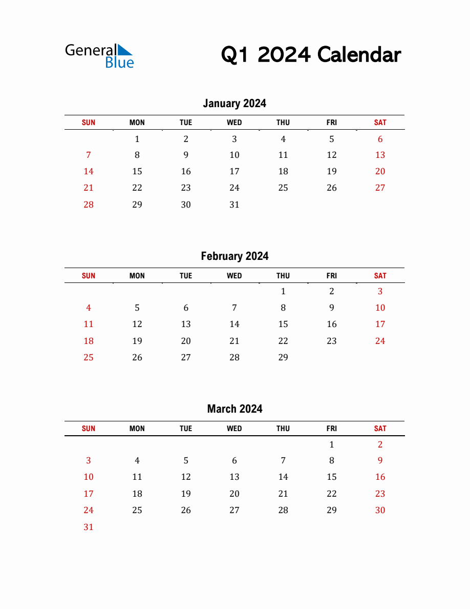 Q1 2024 Calendar Template in PDF, Excel, and Word