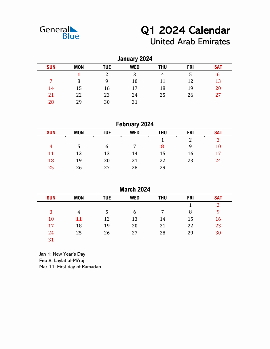 2024 Q1 Calendar with Holidays List for United Arab Emirates