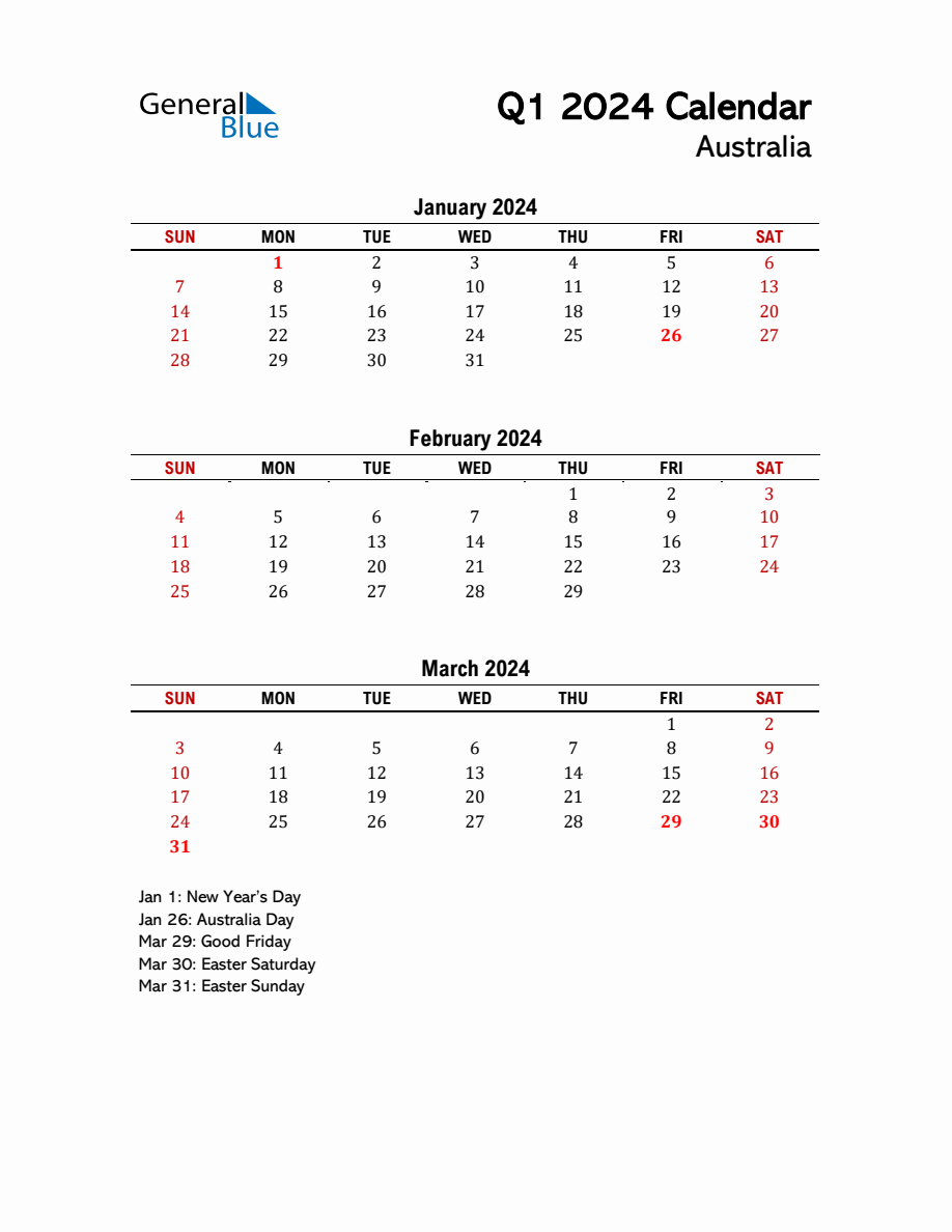 2024 Q1 Calendar with Holidays List for Australia