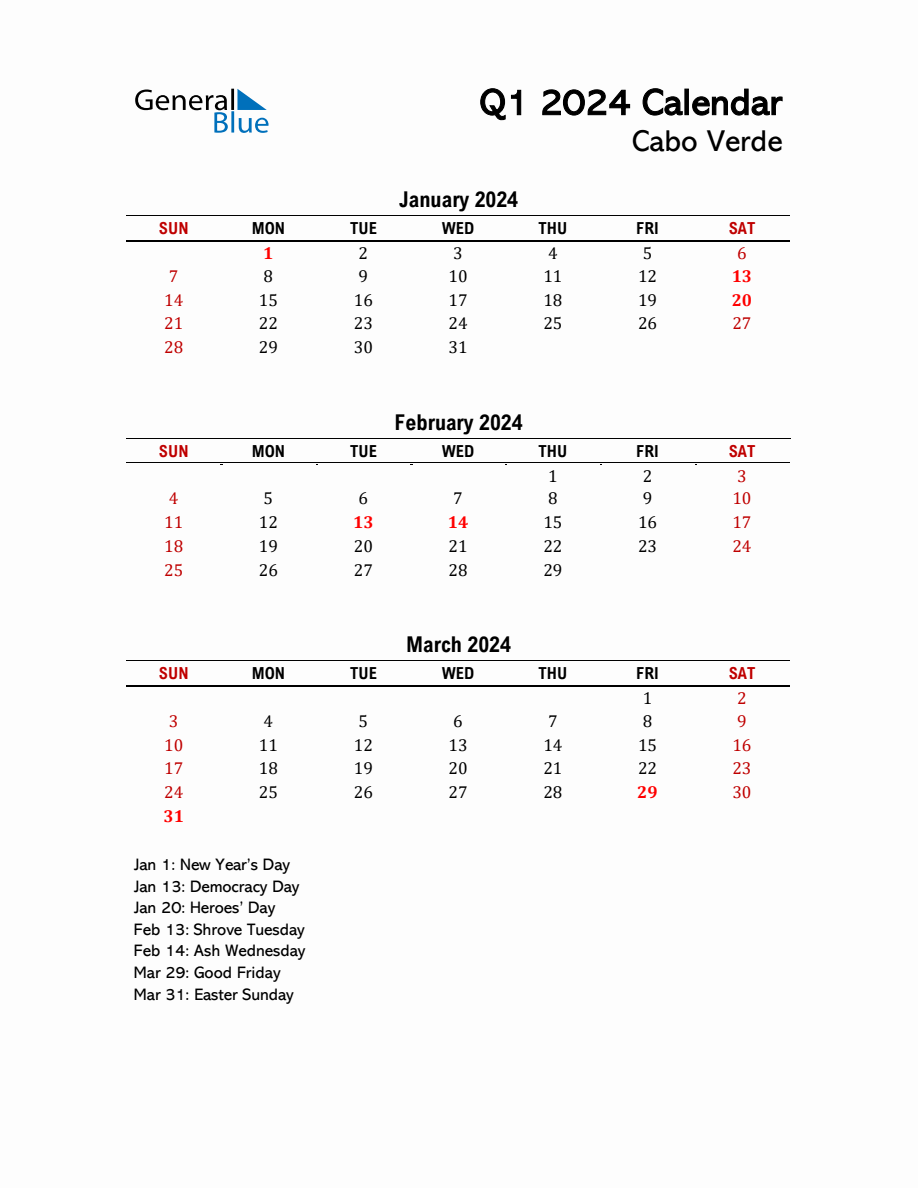 2024 Q1 Calendar with Holidays List for Cabo Verde