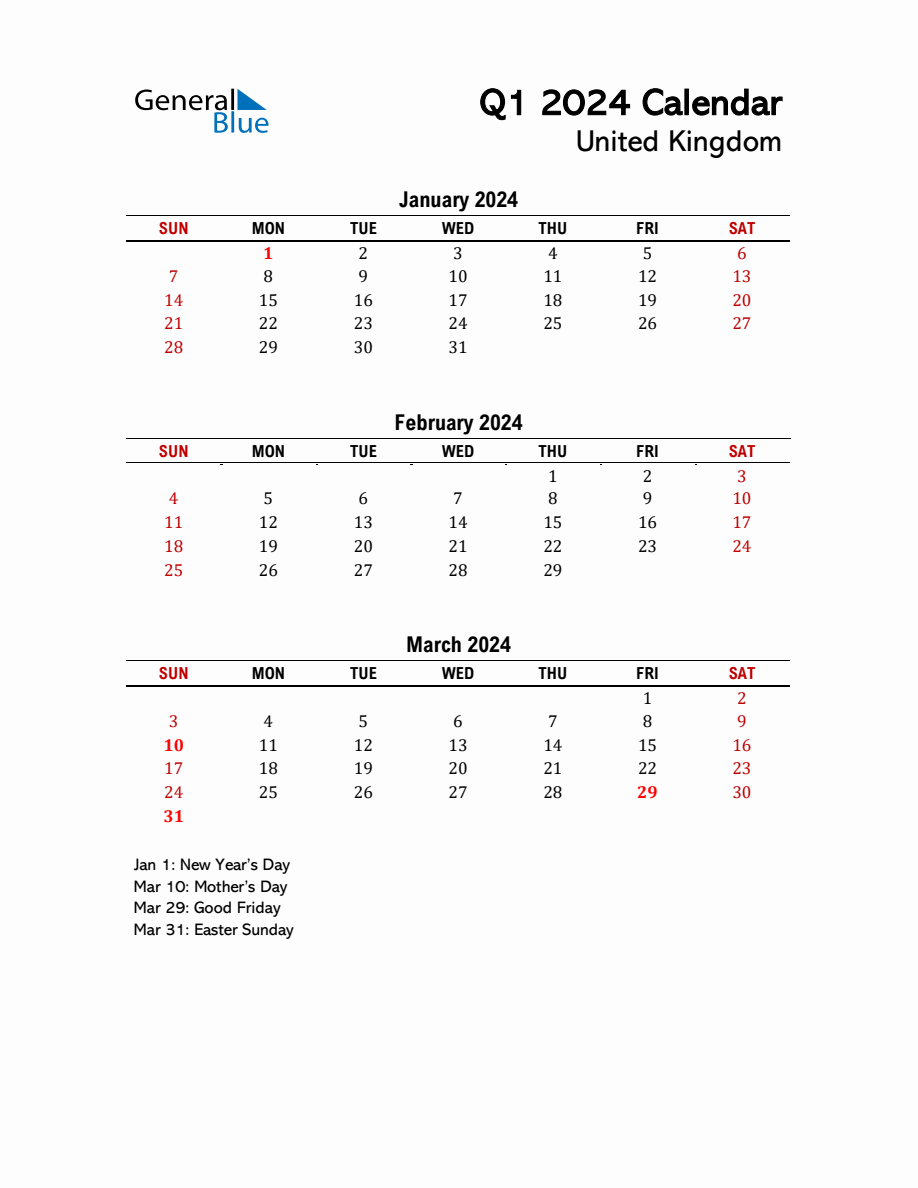 2024 Q1 Calendar with Holidays List for United Kingdom