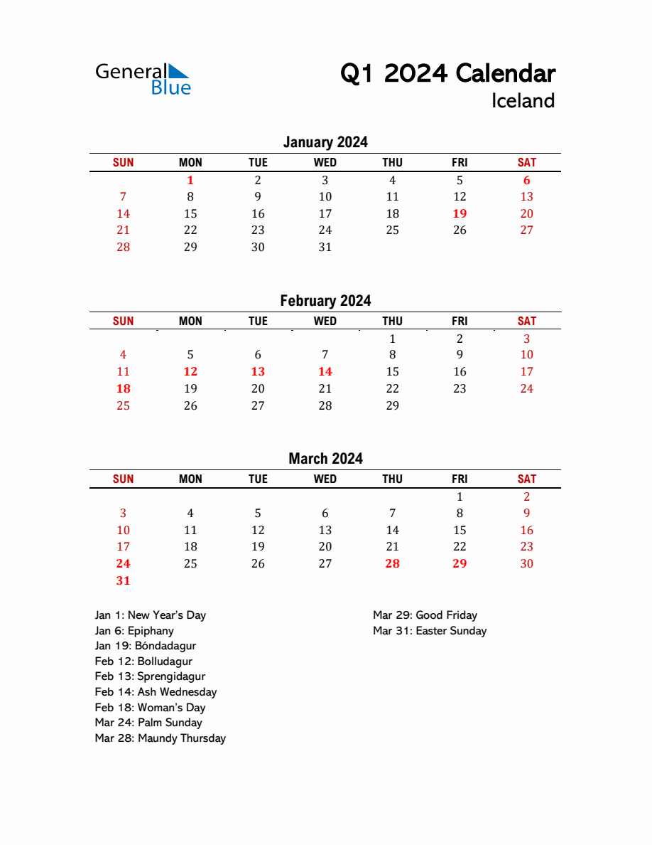 2024 Q1 Calendar with Holidays List for Iceland