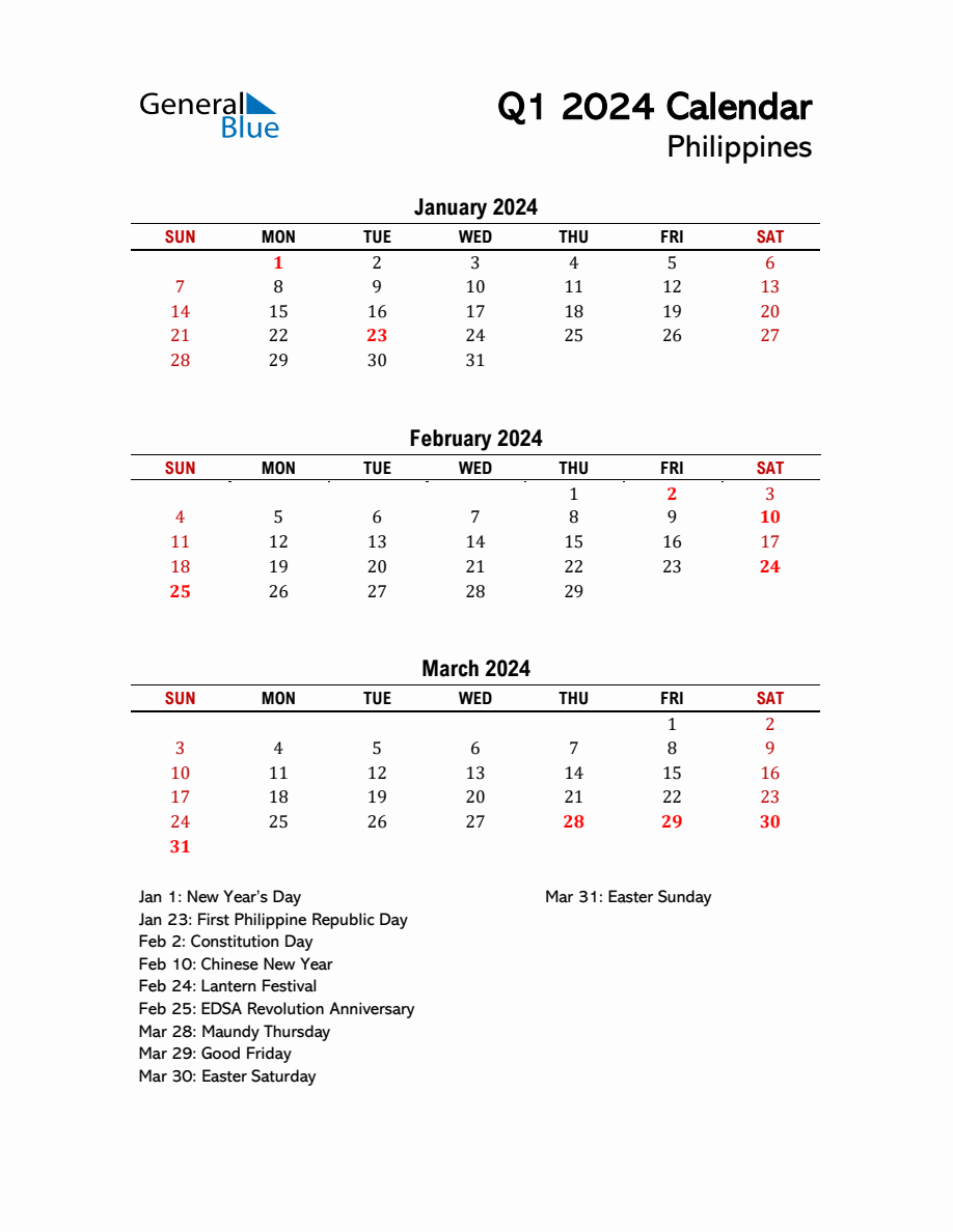 2024 Q1 Calendar with Holidays List for Philippines