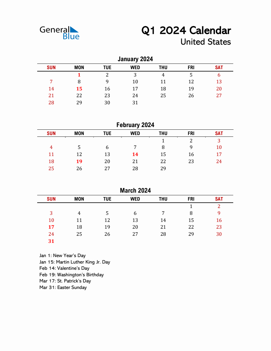 2024 Q1 Calendar with Holidays List for United States