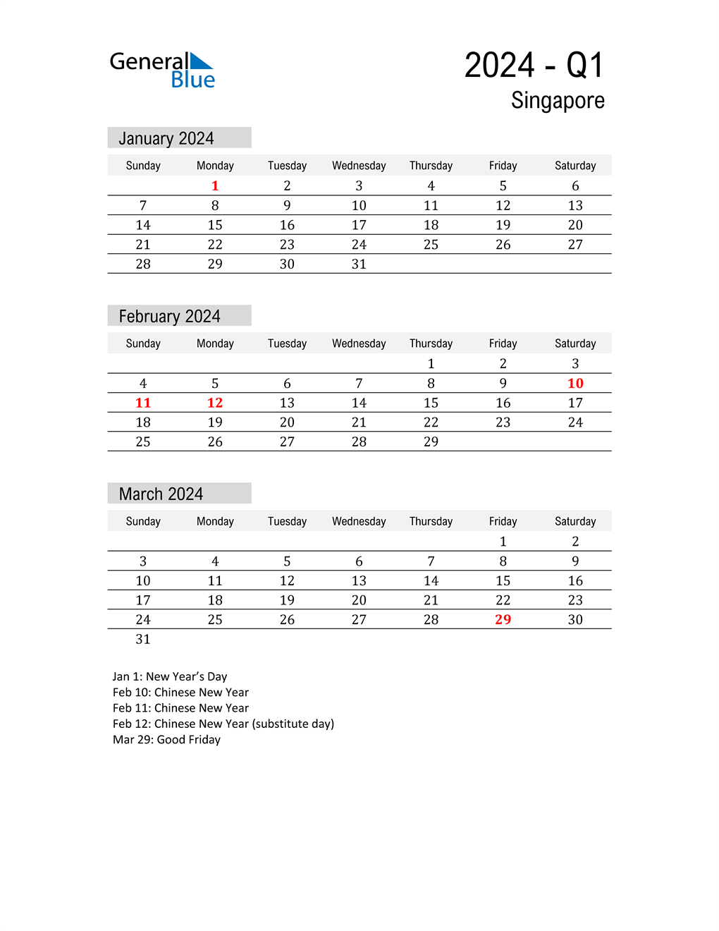 Q1 2024 Quarterly Calendar with Singapore Holidays