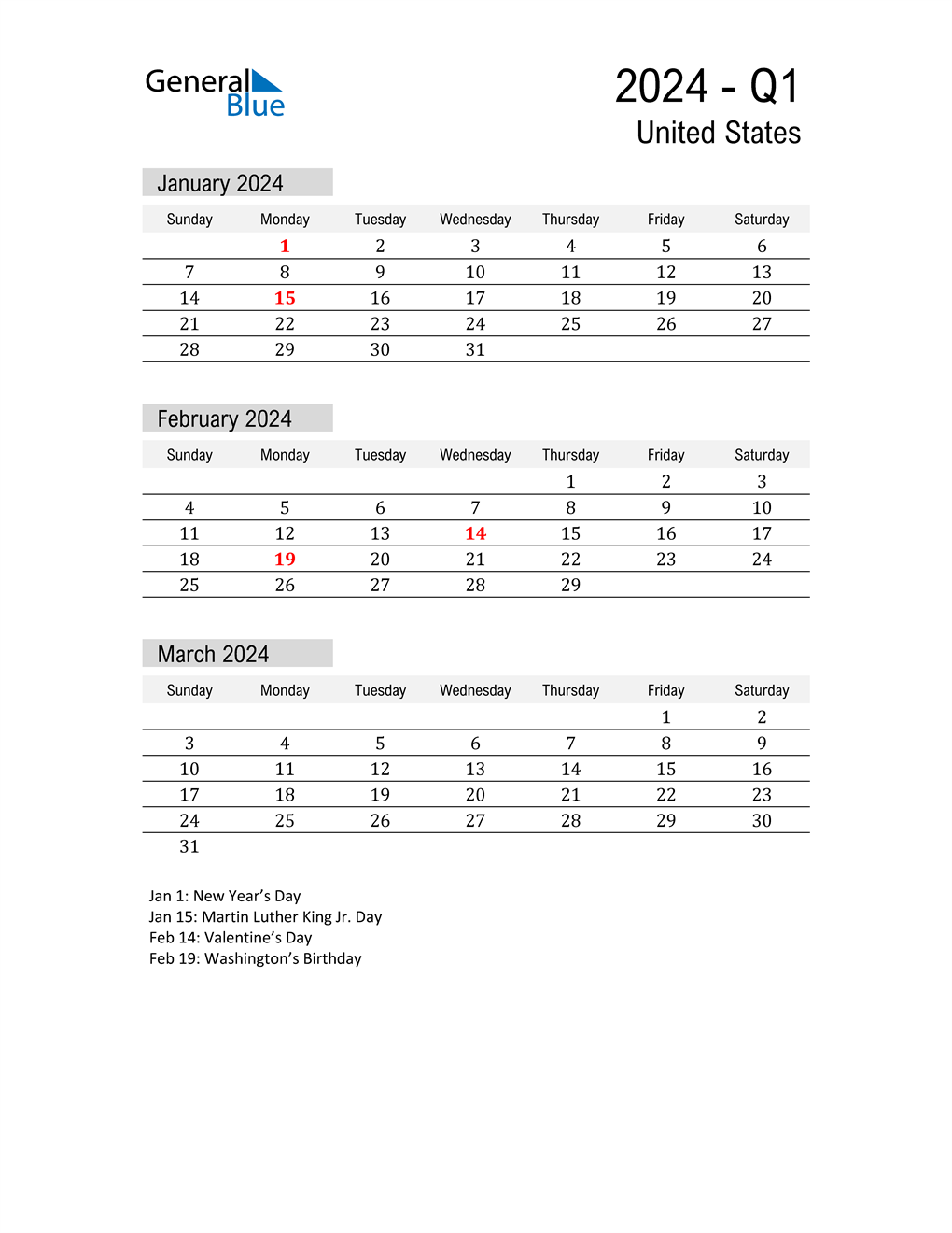 Q1 2024 Quarterly Calendar with United States Holidays