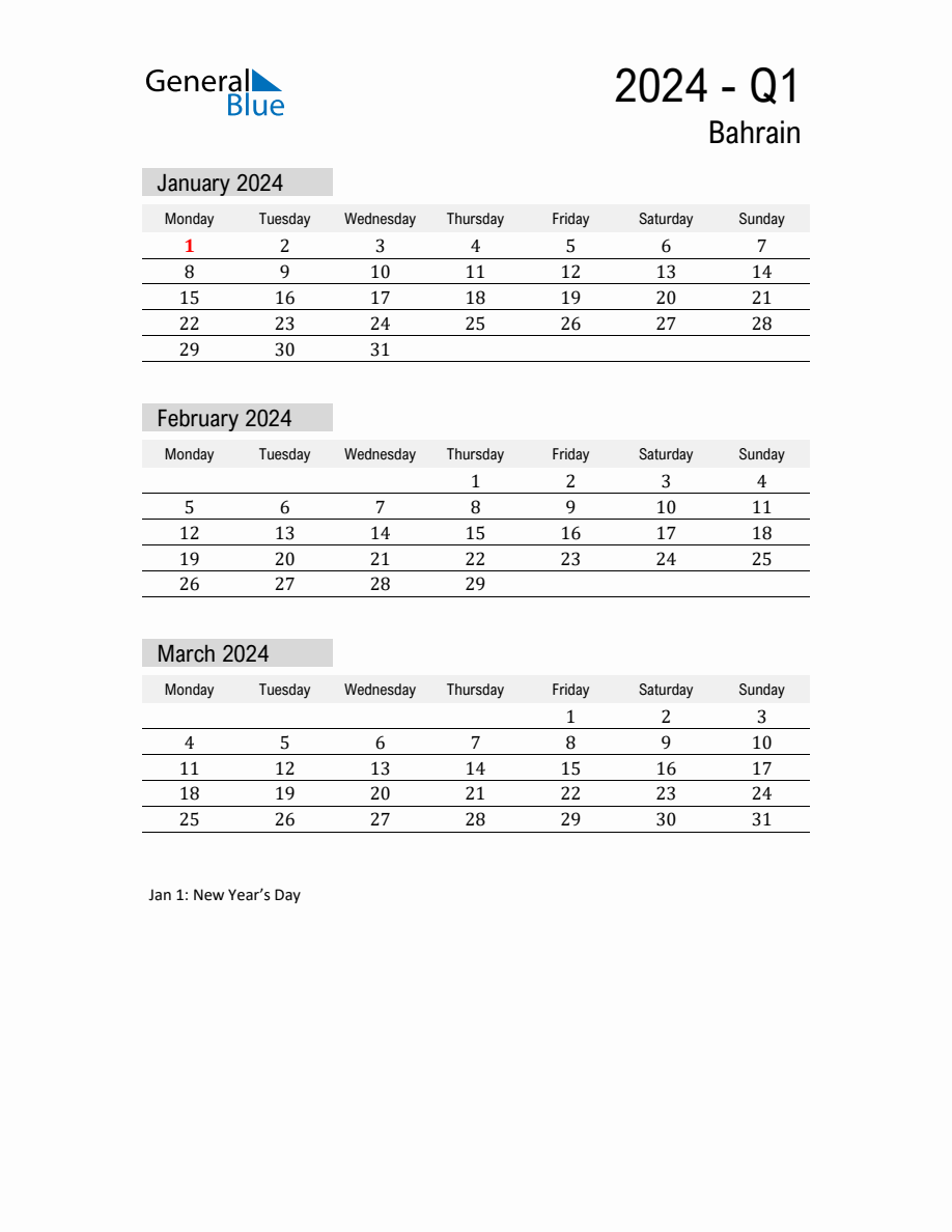 Bahrain Quarter 1 2024 Calendar with Holidays